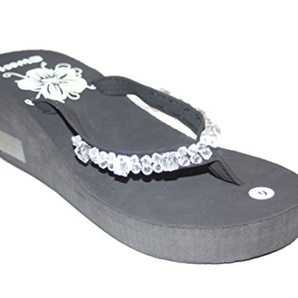 Women's Black Beaded Wedge Flip Flops Clear NEW